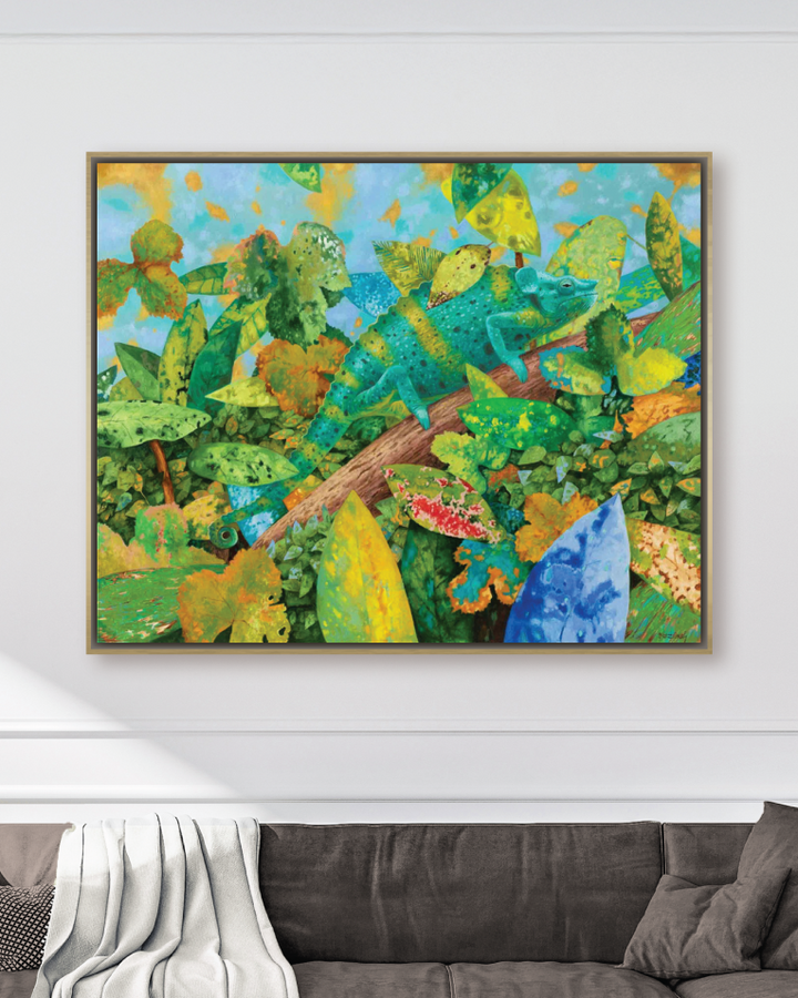 Hidden by Arturas Braziunas, large canvas wall art featuring a turquoise chameleon in a colorful jungle