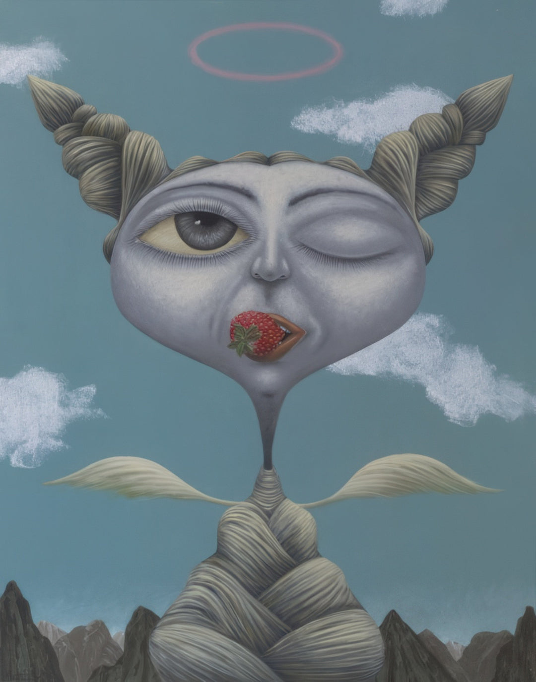 “Breeding Angel, Strawberry Blonde” by Lithuanian surrealist Andrius Miezis captures a whimsical angelic figure with golden braids and a strawberry between her lips, floating in a serene sky. Blending humor, symbolism, and emotional depth, this artwork evokes innocence and transformation. Available as a museum-quality giclée print on archival canvas or fine art paper, exclusively from Giclée Makers.