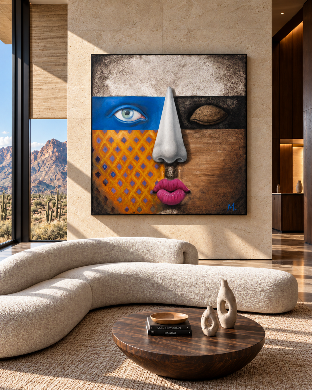 A framed abstract wall art piece featuring a stylized face with a blue eye, silver nose, orange diamond pattern, and pink lips, displayed above a curved beige sofa in a modern living room.