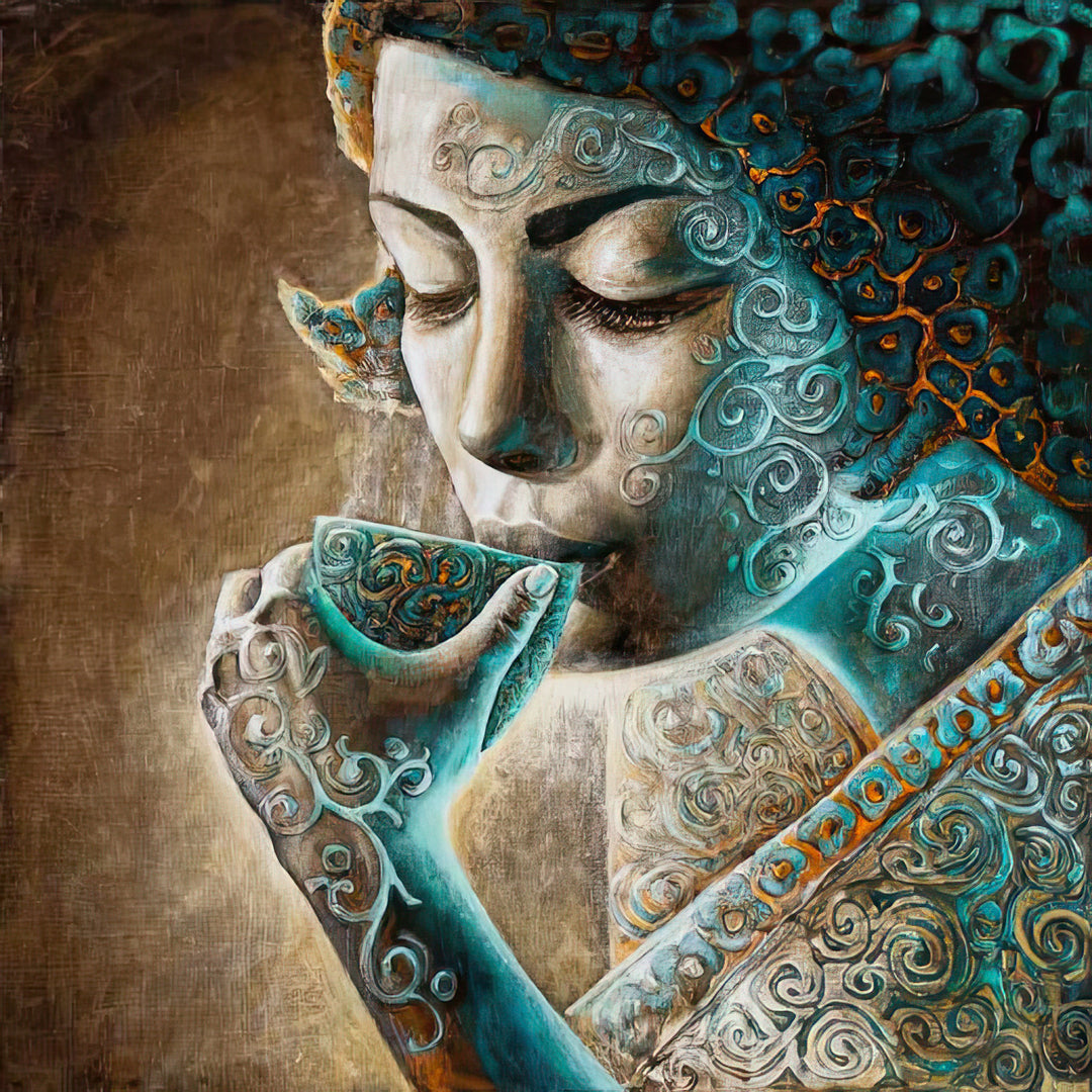 Decorative artwork of a stylized face with intricate patterns on a textured brown background