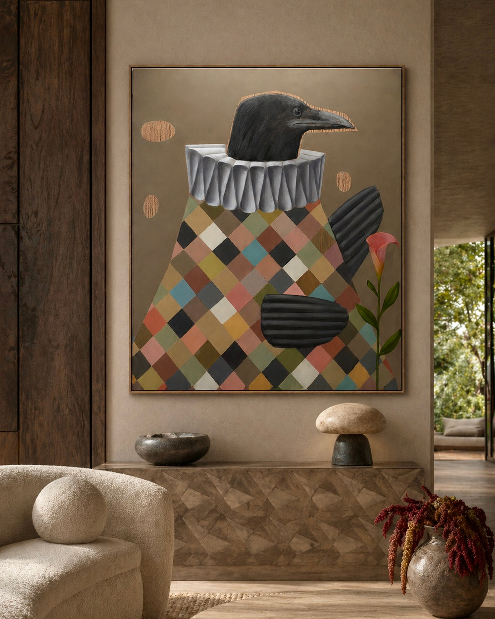 Abstract painting of a crow on a geometric patterned background in a modern interior setting.