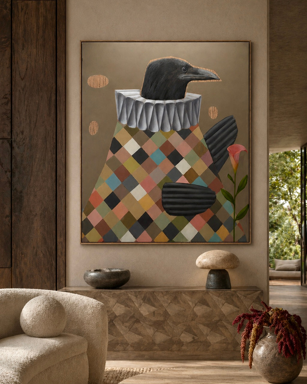 Abstract painting of a crow on a geometric patterned background in a modern interior setting.