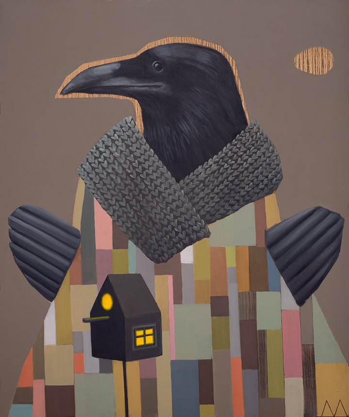 A painting featuring a large bird with a scarf, perched on a structure with a small house-like shape in the background. The bird has a realistic appearance with a scarf that has a geometric pattern.