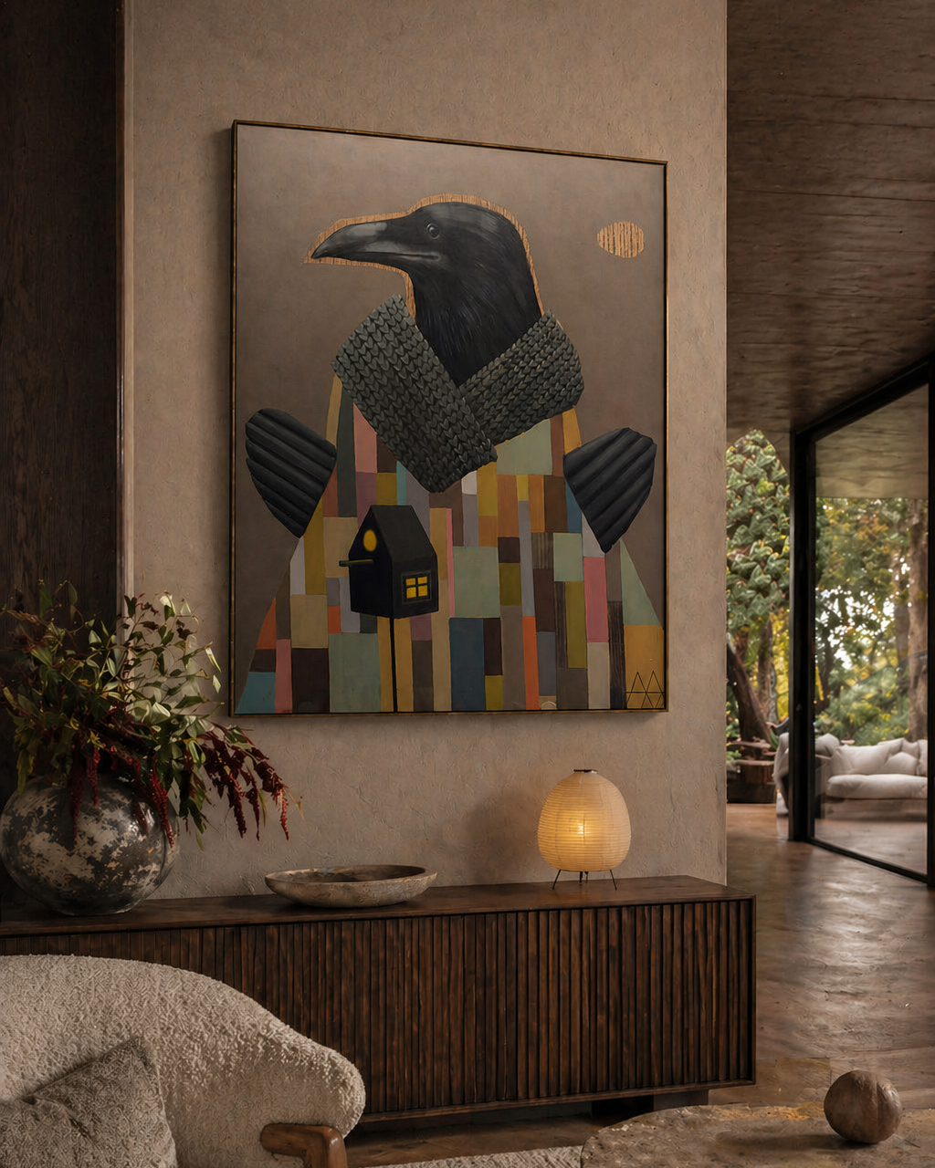 Living room with a large abstract painting of a crow on the wall, a textured armchair, and a small table with a lamp.
