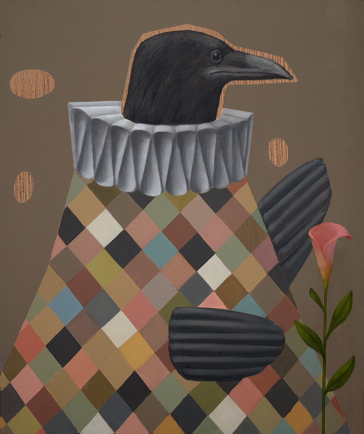 A piece of visual artwork featuring a crow perched on a cone with a multi-colored geometric pattern. There is a plant to the side in the image.