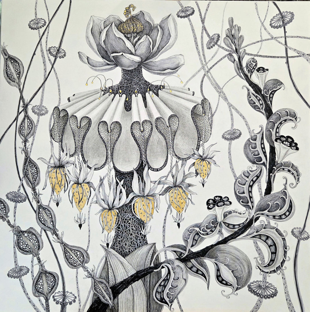 Artistic depiction of a floral and nature-themed design with intricate details.