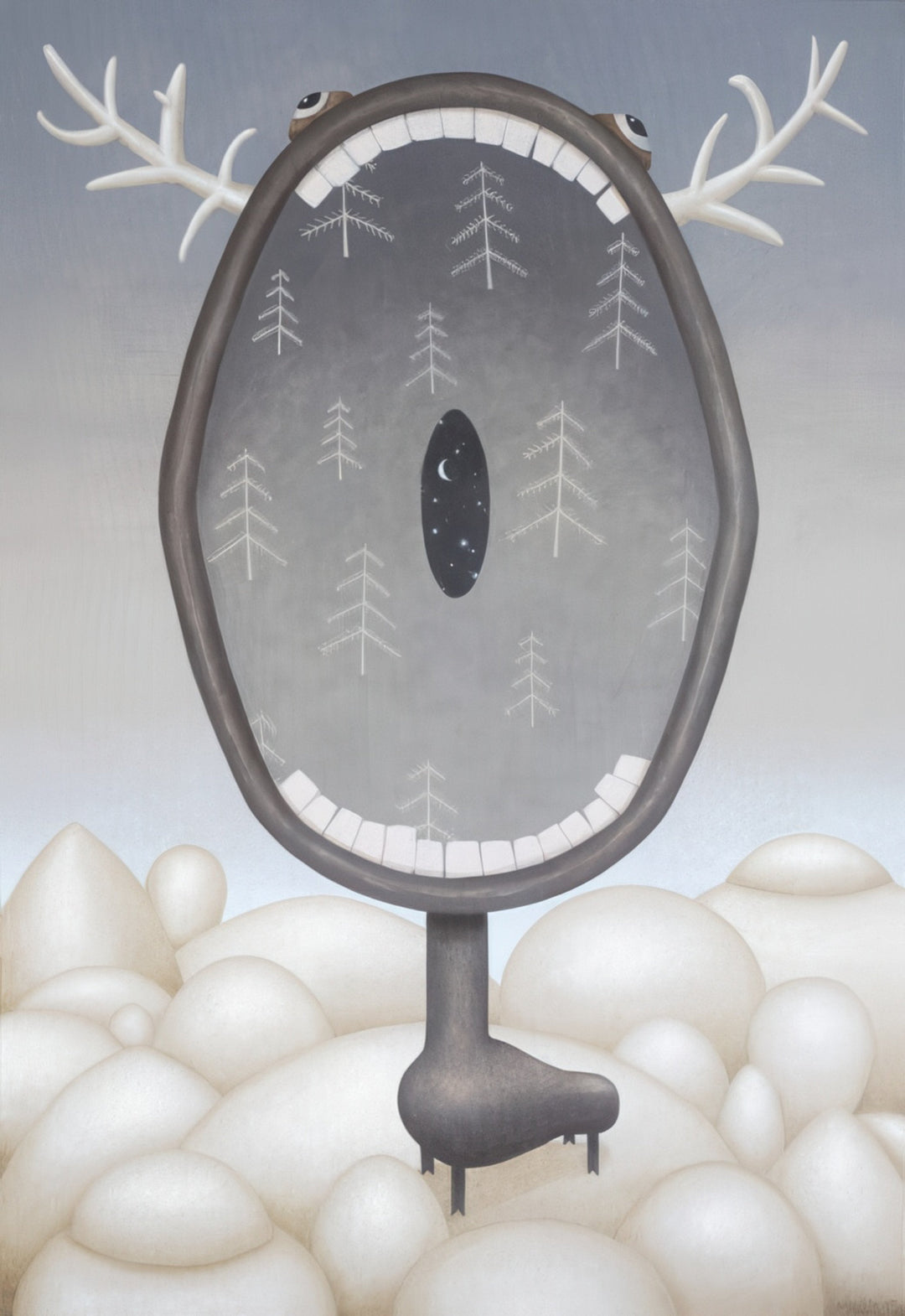 “Christmas Carol” by Andrius Miezis – surreal contemporary painting featuring an oval creature-like figure with antlers and a landscape of soft hills. Minimalist symbolic art evoking winter calm, introspection, and the quiet spirit of Christmas – available as a fine-art giclée print from Giclée Makers.