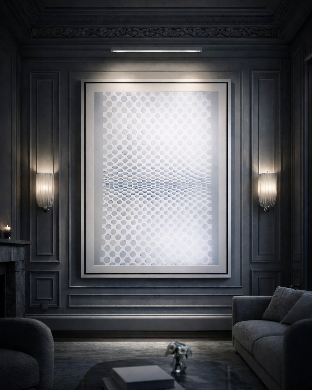 Elegant interior with a large framed abstract painting on a wall, flanked by two wall sconces.