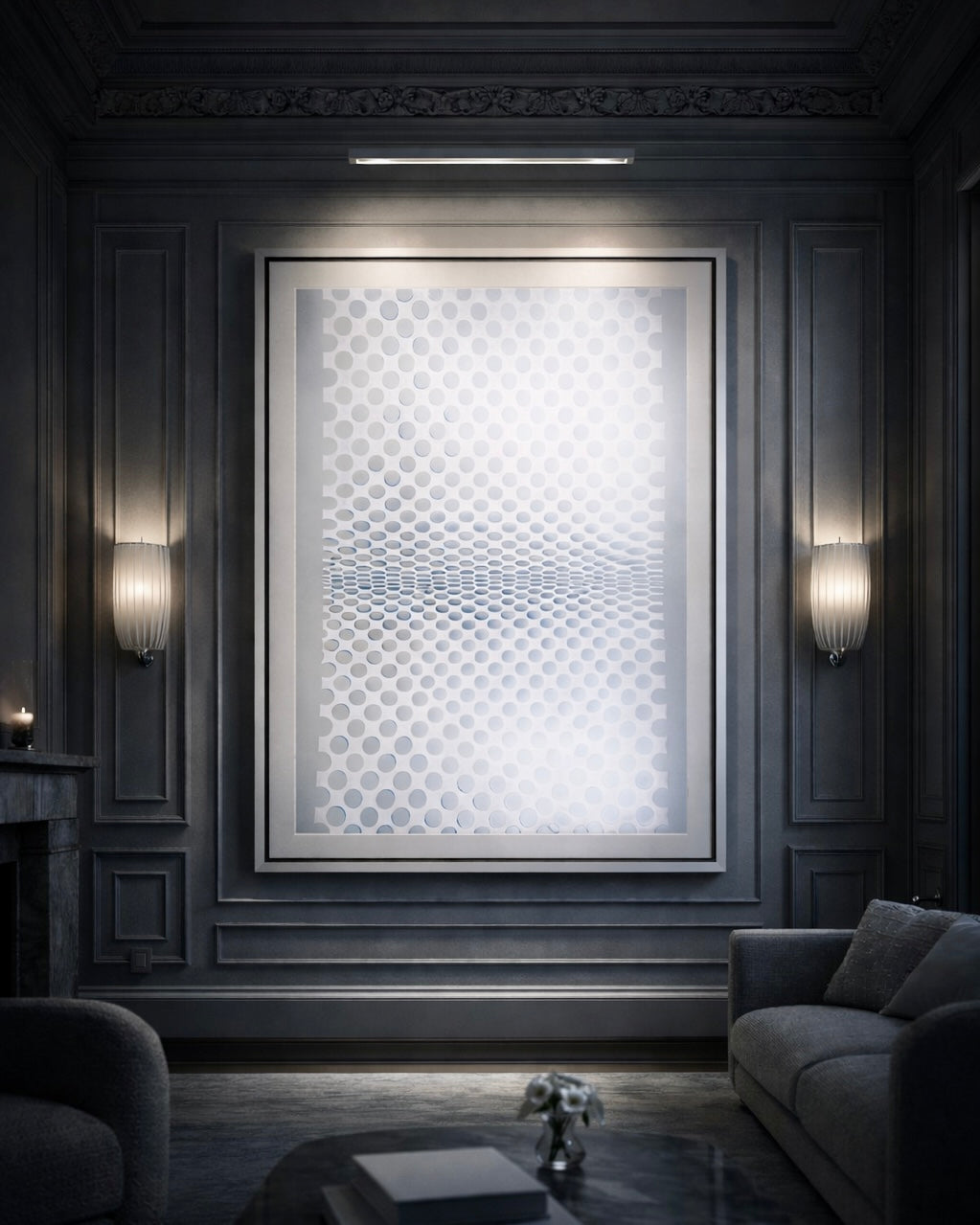 Elegant interior with a large framed abstract painting on a wall, flanked by two wall sconces.