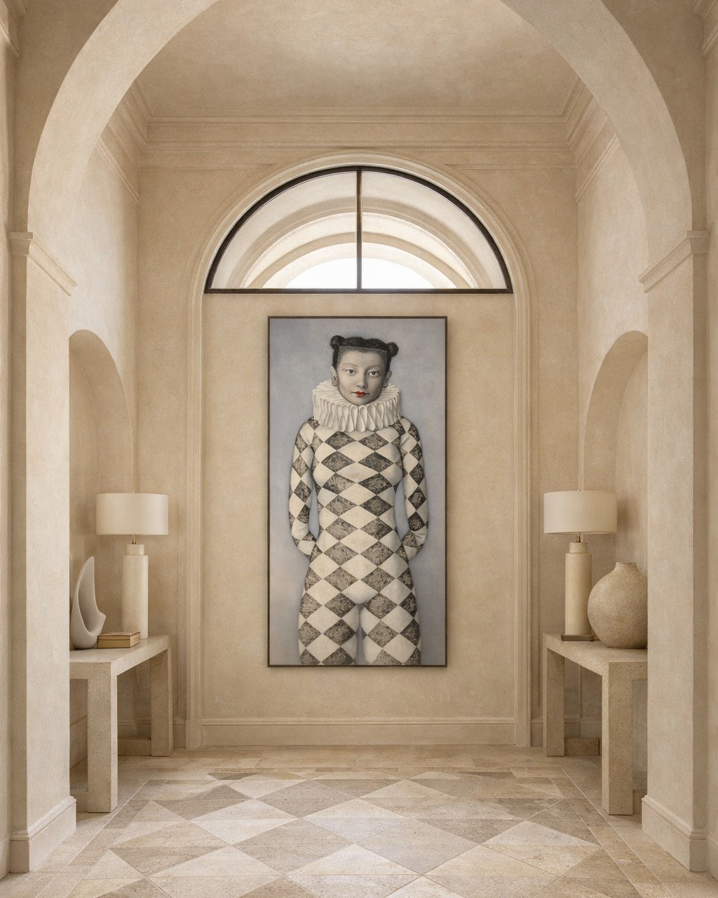 Decorative hallway with a framed portrait of a person in a checkered outfit, flanked by two lamps and vases.