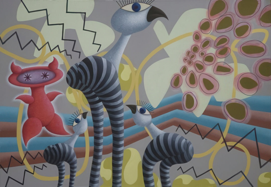 “Club Egypt” by Andrius Miezis – surreal fantasy painting featuring whimsical zebra-striped birdlike figures, abstract patterns, and bold colors. Contemporary symbolic art inspired by mythology, rhythm, and imagination – available as a museum-quality giclée print from Giclée Makers.