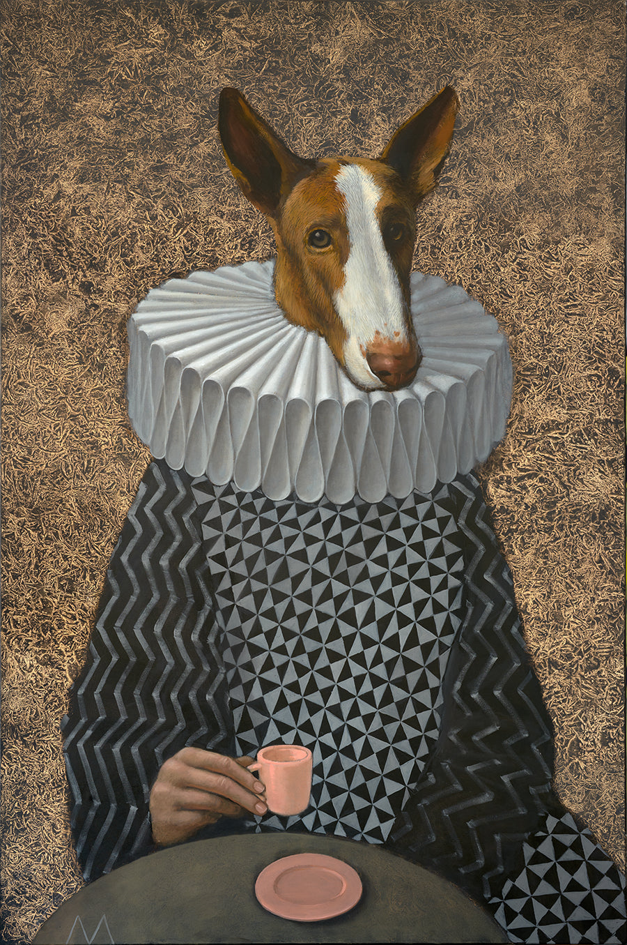 A stylized artwork showing a dog with a clown's wig and a person's body, seated at a table with a coffee cup