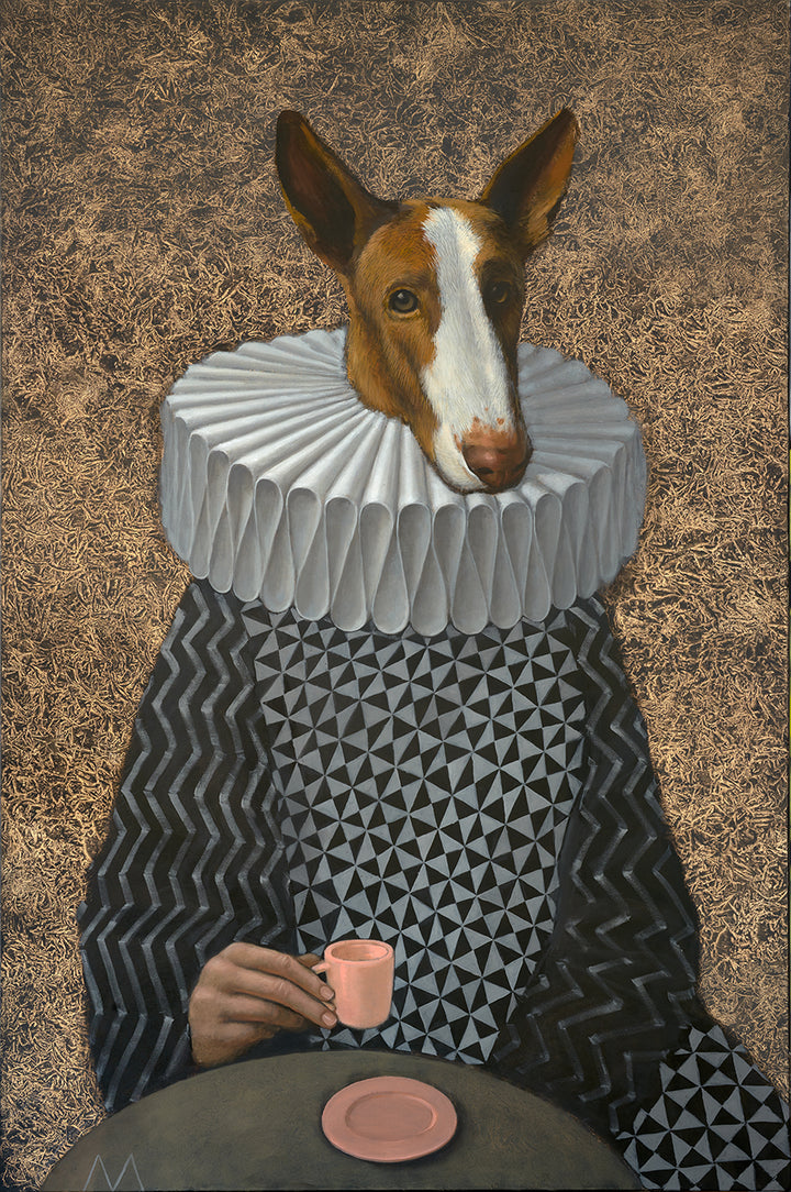 A stylized artwork showing a dog with a clown's wig and a person's body, seated at a table with a coffee cup