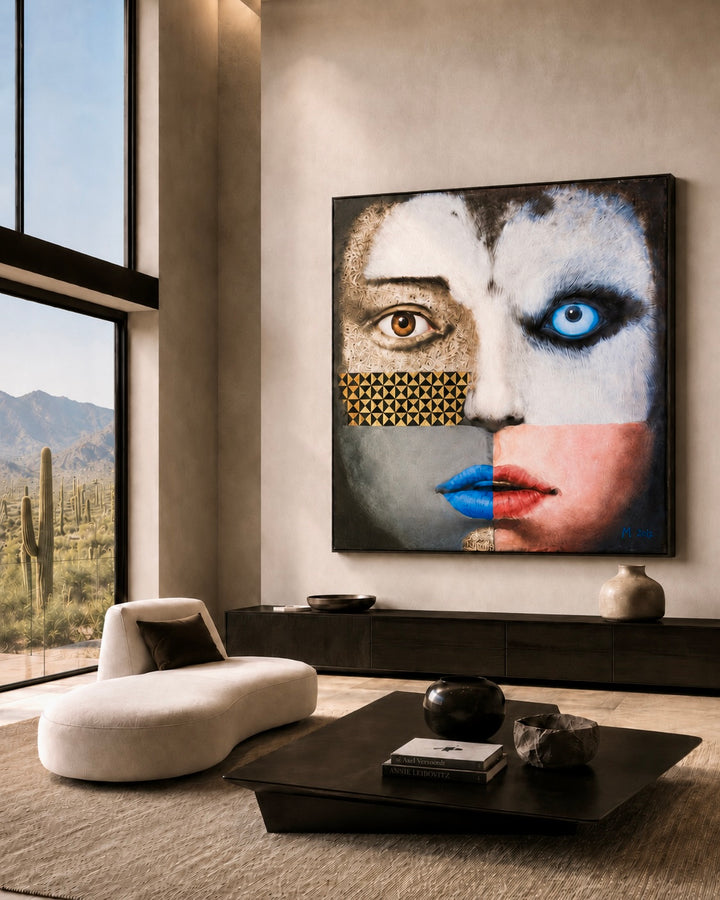 Modern living room with a large abstract painting of a face on the wall.