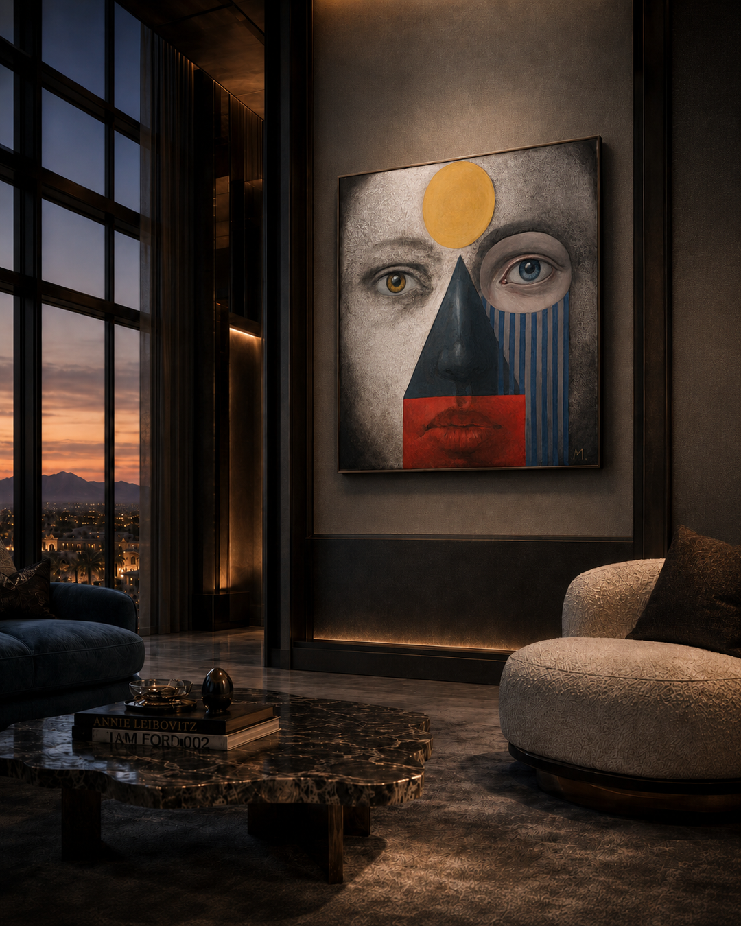 Modern living room with abstract art on the wall and cityscape view.