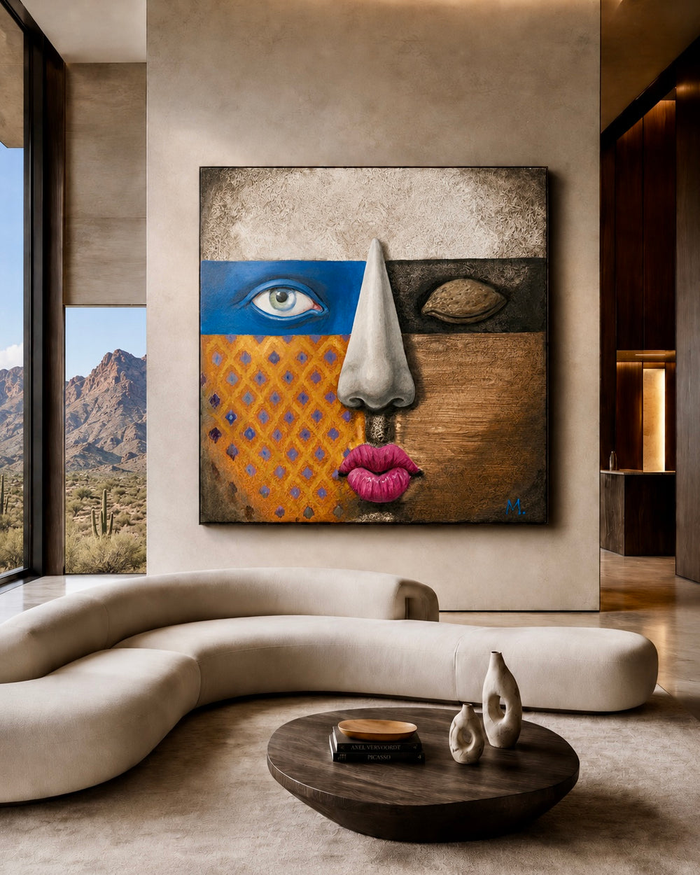 Modern interior with a abstract painting on the wall, a white sofa, and a coffee table.
