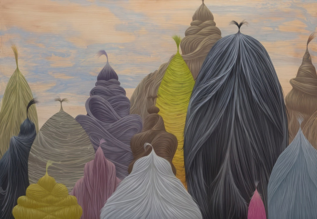 Surreal landscape of colorful cone-shaped mountains resembling combed hair textures under a soft pastel sky. Artwork titled Combed Mountains by Andrius Miezis. Museum-quality giclée print available at Giclée Makers Gallery.