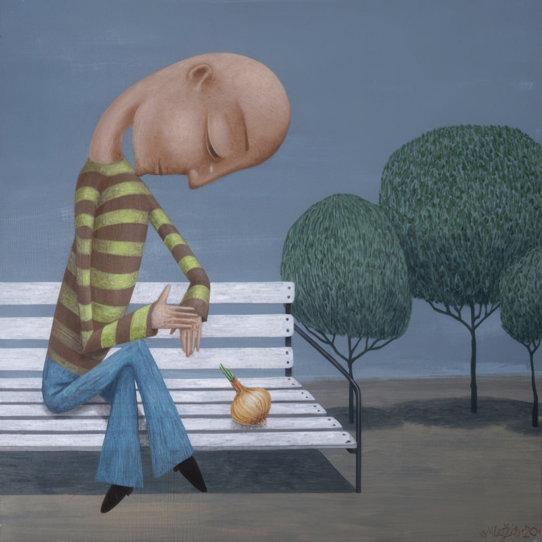 Surreal painting of a man sitting on a white bench, bowing his head thoughtfully toward an onion beside him, with stylized trees in the background. Artwork titled Confession for the Onion by Andrius Miezis. Museum-quality giclée print from Giclée Makers Gallery.