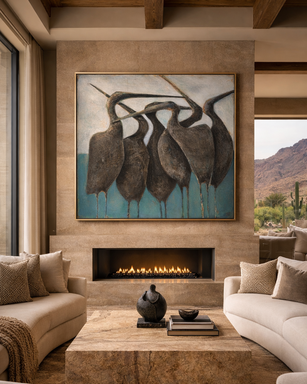 Living room with a fireplace, abstract art, and comfortable seating.