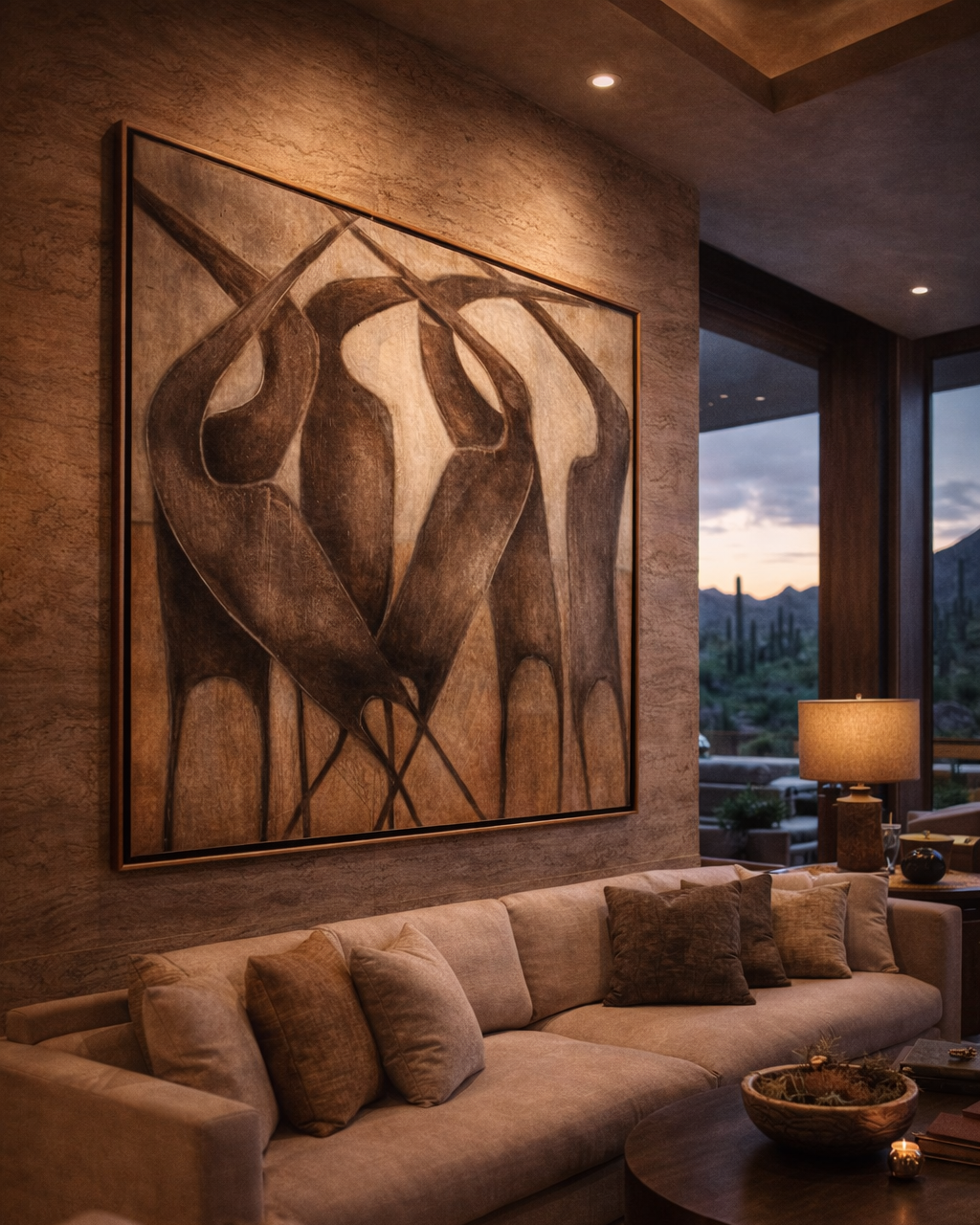 Living room with a large abstract painting on the wall, a sectional sofa, and decorative items.