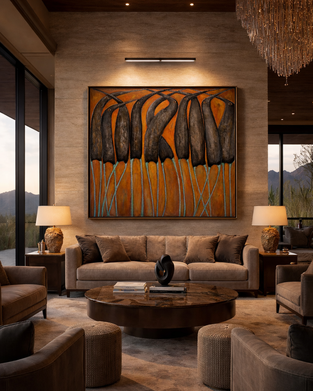 Modern living room with a large abstract painting on the wall, comfortable furniture, and decorative elements.