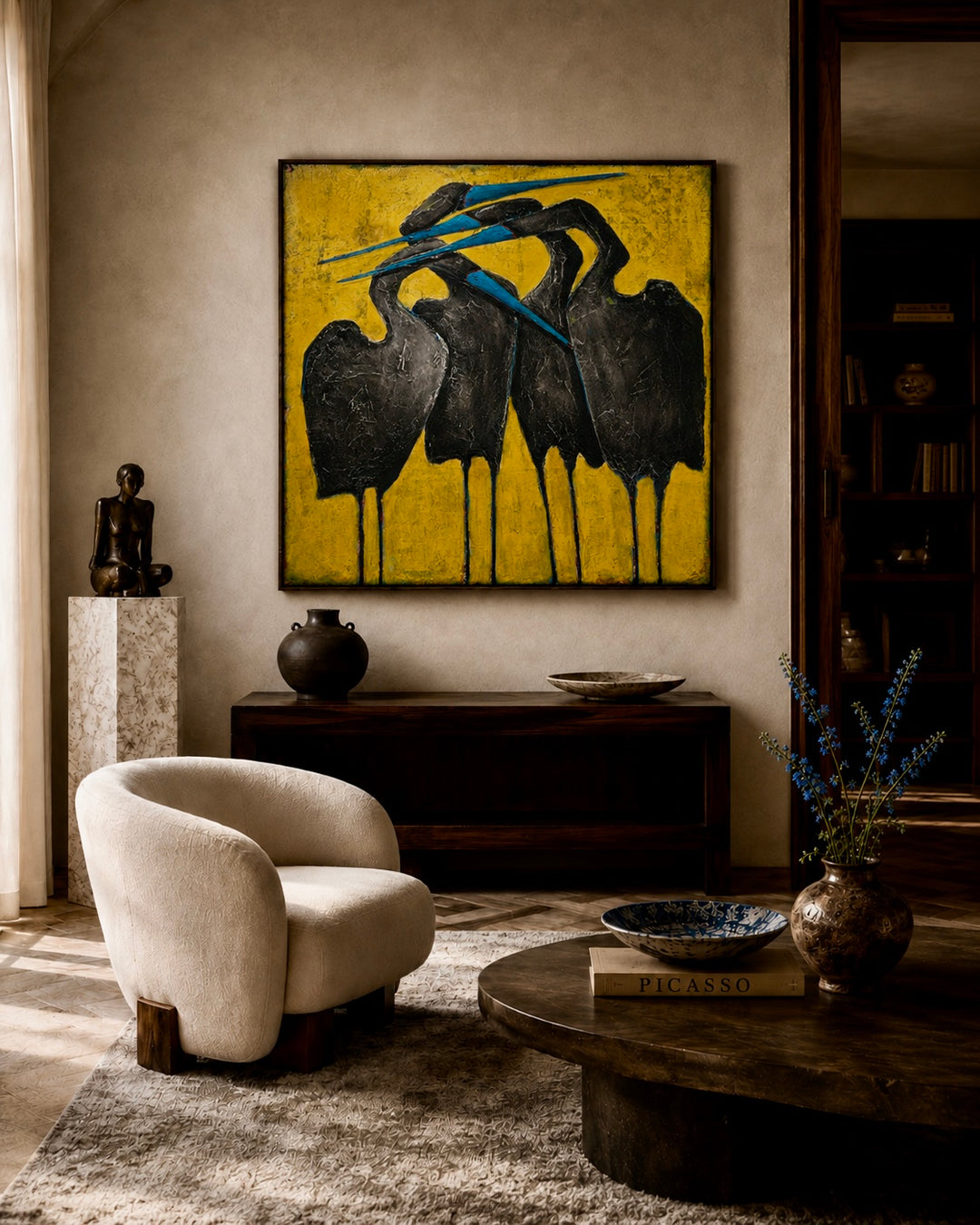 Living room with a beige armchair, round wooden coffee table, and a large abstract painting of birds on a yellow background.