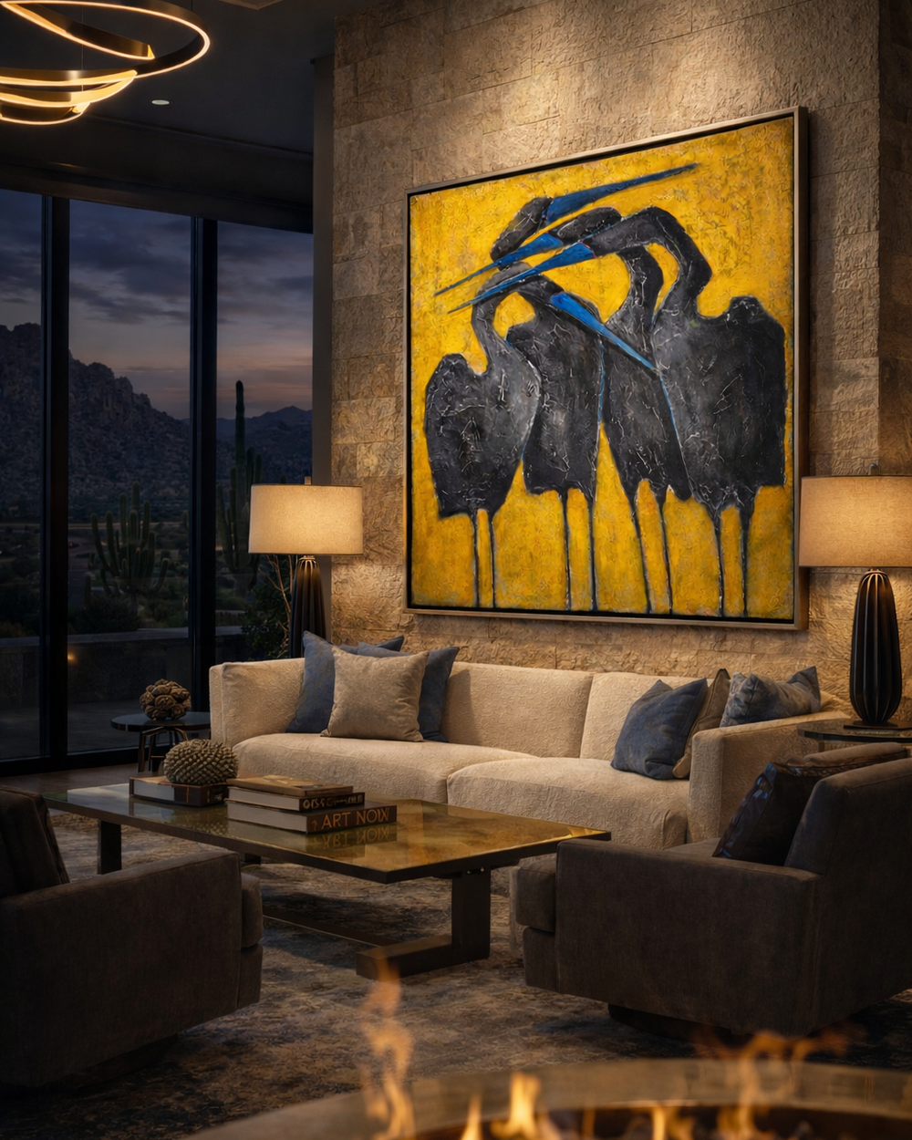 Modern living room with a large abstract painting on the wall, a fire pit, and a sofa.