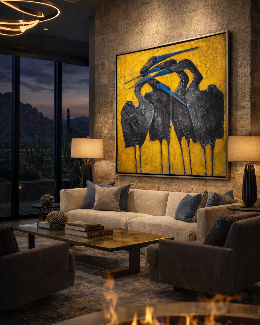 Modern living room with a large abstract painting on the wall, a fire pit, and a sofa.