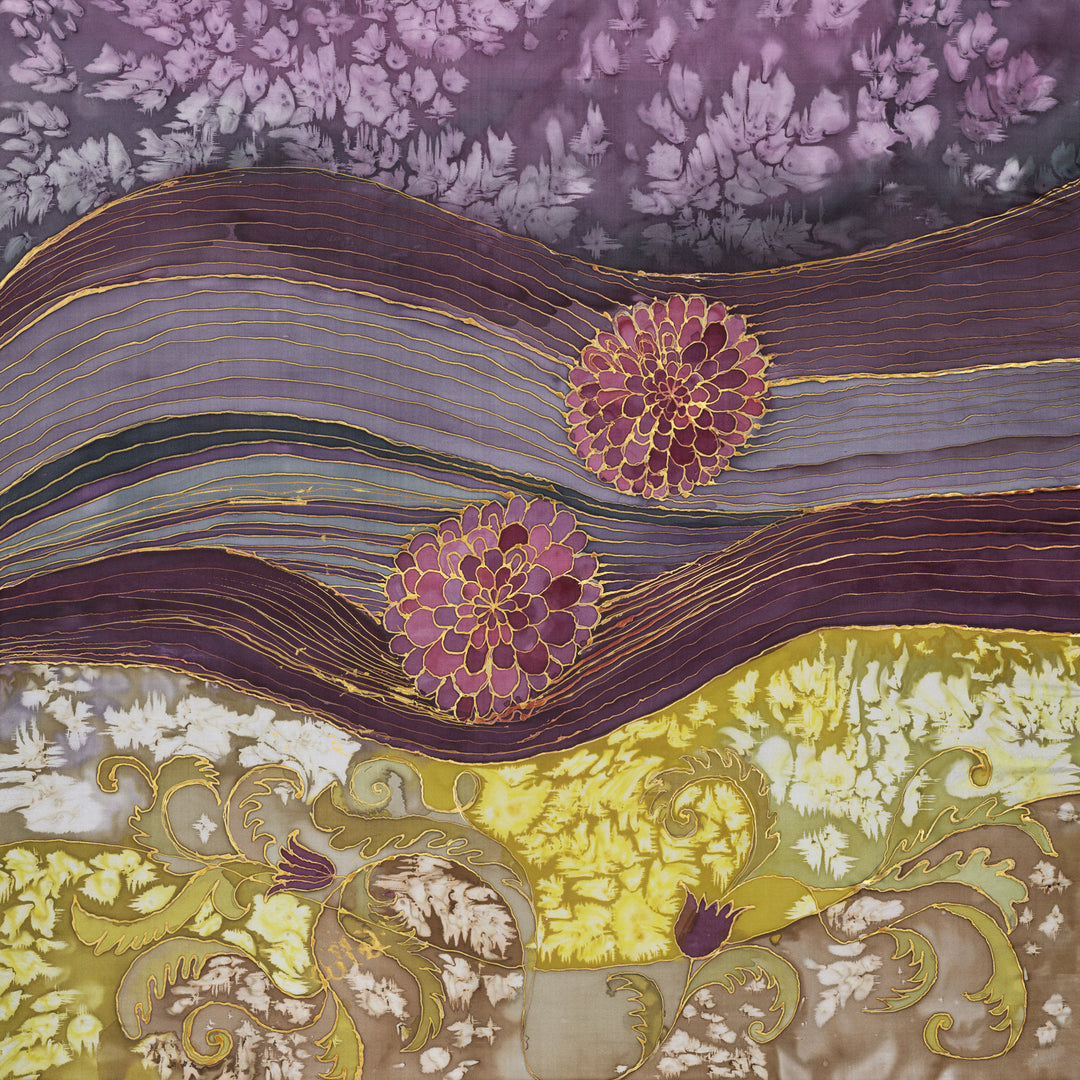 Abstract painting “Dahlia Sonata” by Nijole Stunskaite-Vilke featuring flowing purple and gold wave-like lines with two magenta dahlia motifs and decorative yellow botanical patterns.