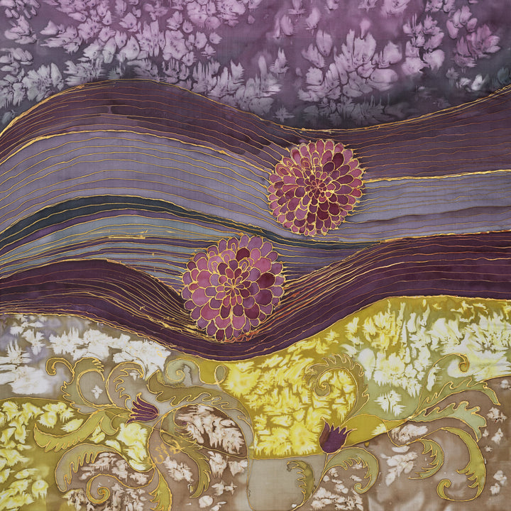 Abstract painting “Dahlia Sonata” by Nijole Stunskaite-Vilke featuring flowing purple and gold wave-like lines with two magenta dahlia motifs and decorative yellow botanical patterns.