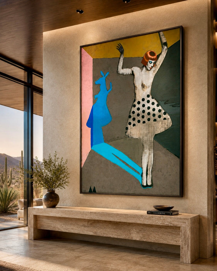 Dancing queen canvas wall art with a woman in a white top and polka-dot skirt