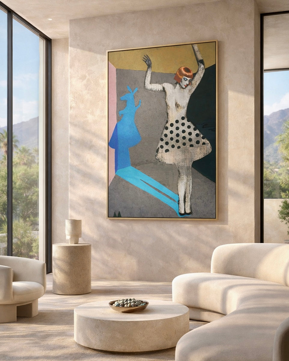 Modern living room with abstract artwork on the wall