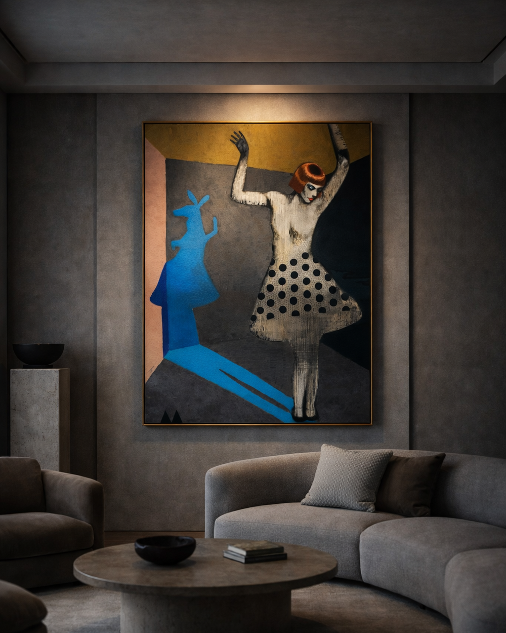 Modern living room with a large abstract painting on the wall, a gray sofa, and a round coffee table.