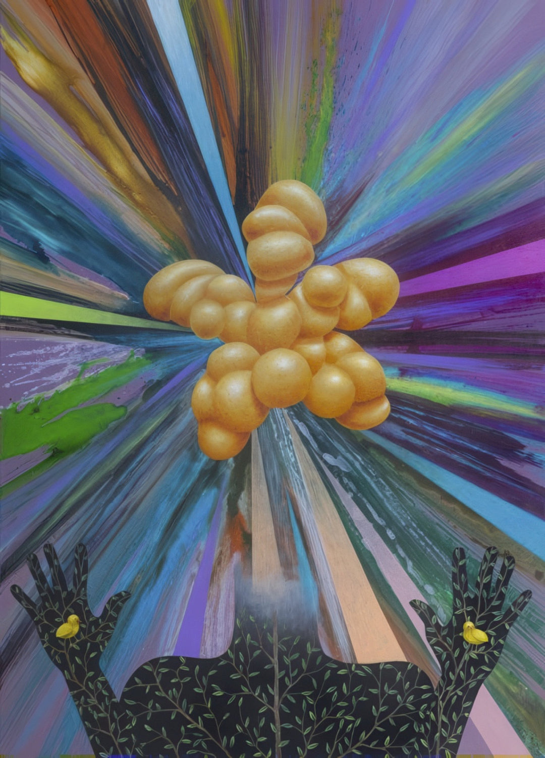"Demiurgo’s Abracadabra: The Birth of a Miracle" - A vibrant explosion of energy and color symbolizing creation and transformation.
Golden organic forms emerge from radiant color rays, evoking the mystical moment when life and matter come into existence. A contemporary fine art statement blending surrealism, symbolism, and cosmic abstraction.