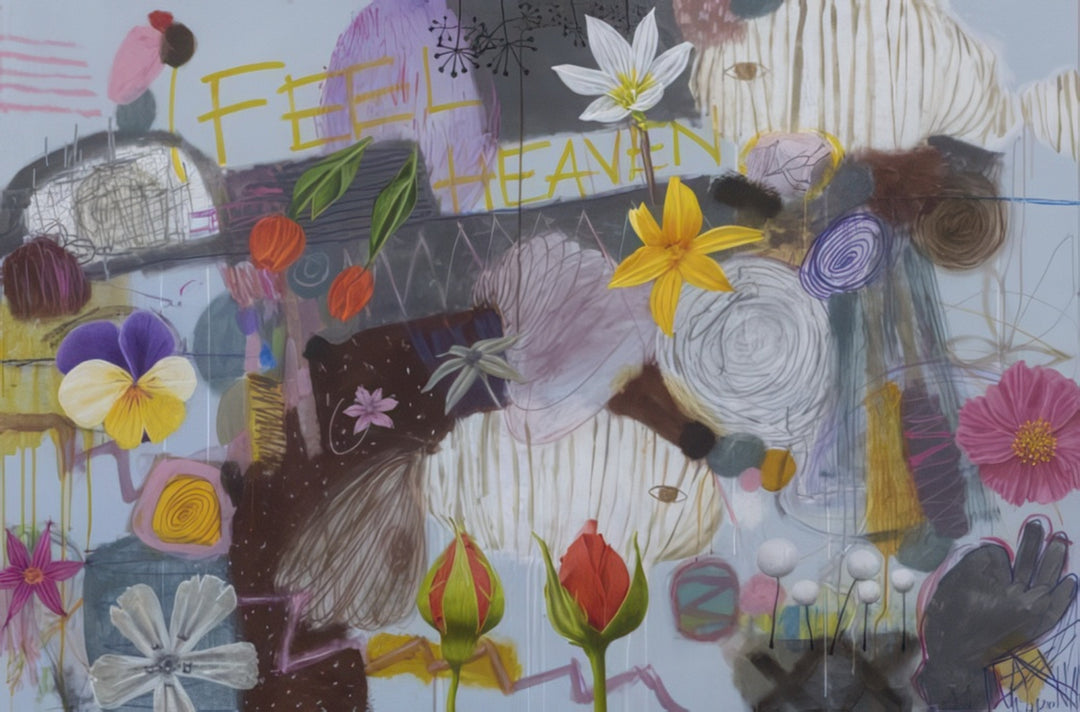 Abstract floral artwork with colorful flowers, painterly textures, and yellow text reading ‘I FEEL HEAVEN’ on a soft neutral background, symbolizing divine nature.
