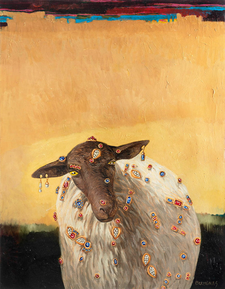 A painting of a sheep with a lonely expression, surrounded by small colorful decorative elements on a yellow background.