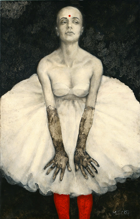 Artistic depiction of a figure in a white dress with red shoes against a dark background