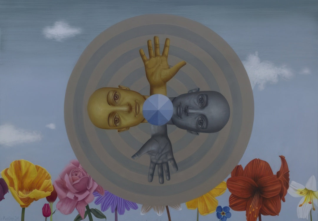 Surreal artwork featuring golden and silver human figures with joined hands inside concentric circles, surrounded by colorful flowers — symbolizing duality and harmony.