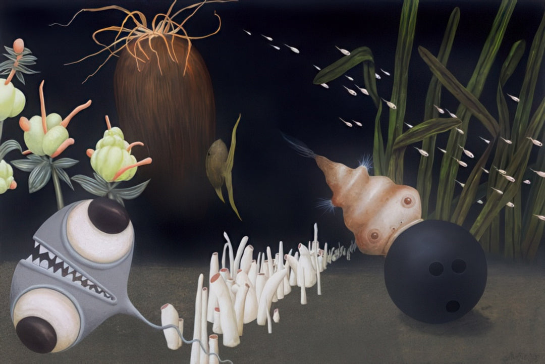 Surreal underwater scene featuring a shell-like creature with a bowling ball, large-eyed fish, and abstract aquatic plants in a dark, dreamlike composition.