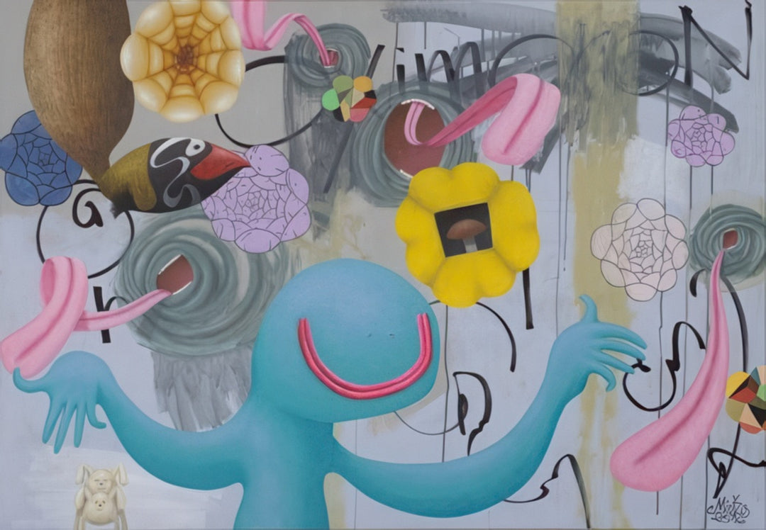 “Early Morning Conductor” by Andrius Miezis — whimsical surrealist painting depicting a joyful blue figure orchestrating a dreamlike world of abstract shapes, playful colors, and floating floral forms. A poetic expression of rhythm, imagination, and creative energy. Fine-art giclée print on archival canvas or paper, handcrafted by Giclée Makers Scottsdale for luxury interiors.