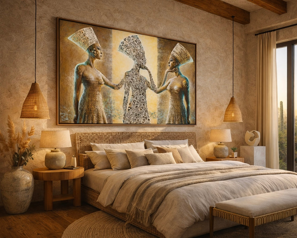 Decorative bedroom with a large wall art piece of three women holding hands.