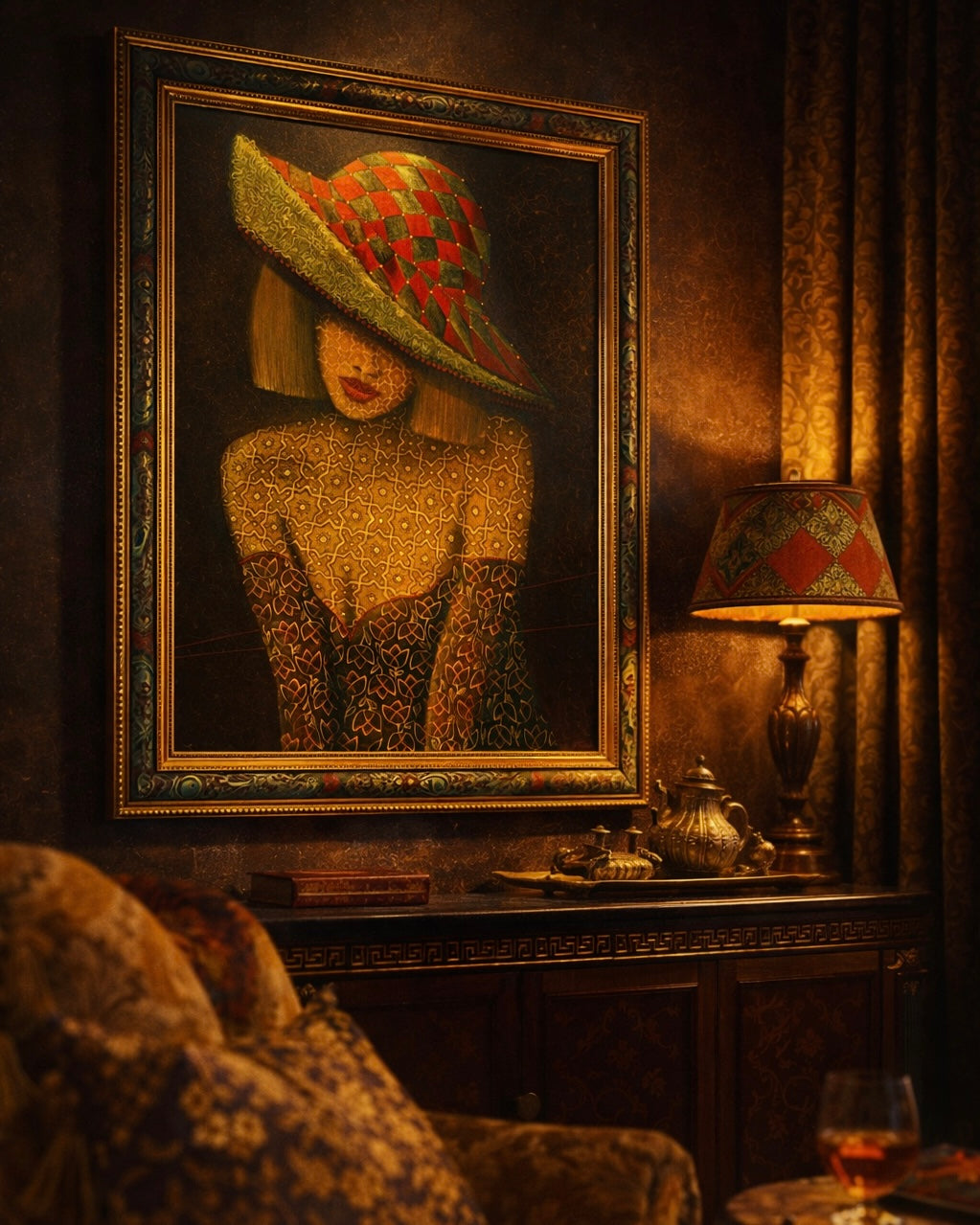 Framed portrait of a woman with a decorative hat in a dimly lit room.