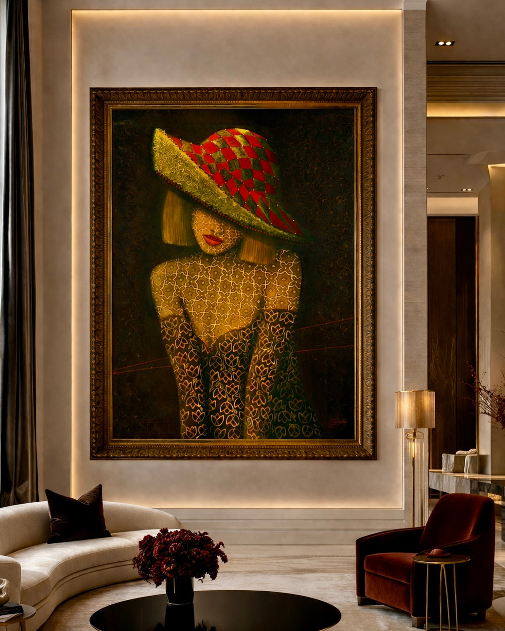 Large framed artwork of a person wearing a colorful hat in a modern living room.