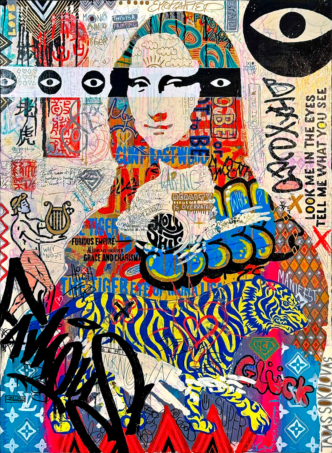 A vibrant pop art collage print featuring a stylized portrait of the Mona Lisa with a tiger, overlaid with graffiti, text, and graphic elements in a multicolor palette.