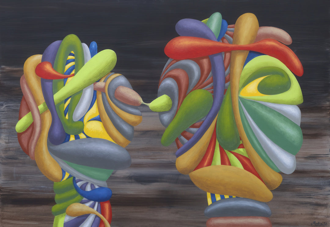 Surreal contemporary painting by Andrius Miezis titled Family Portrait Interface, featuring two abstract humanoid figures intertwined through colorful, ribbon-like forms in a dynamic dialogue of shape and emotion. A symbolic exploration of family, connection, and modern identity — available as a museum-quality fine art print at Giclée Makers.