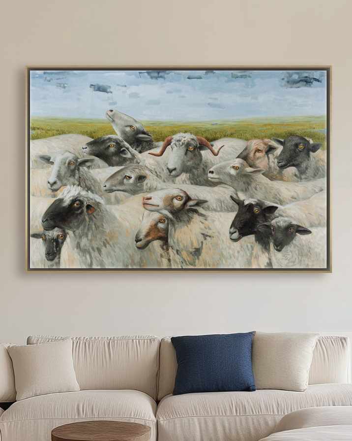 Framed canvas wall art featuring a group of grey and tan dogs