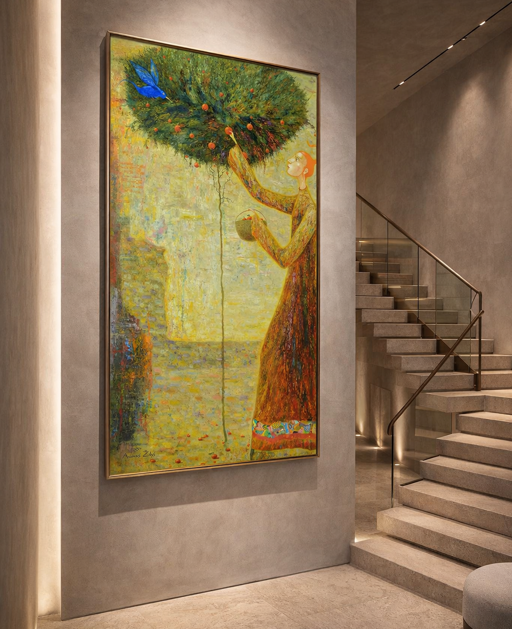 Large abstract painting on a wall in a modern interior setting with stairs.