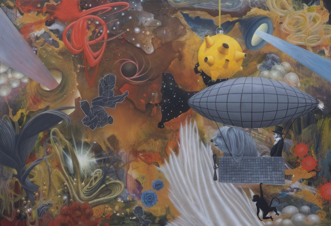 Surreal cosmic painting by Andrius Miezis titled Flight to the Star, featuring a whimsical airship floating through a dreamlike galaxy filled with glowing planets, figures, and abstract energy forms. A vivid fusion of fantasy, humor, and modern surrealism — available as a museum-quality fine art print at Giclée Makers.