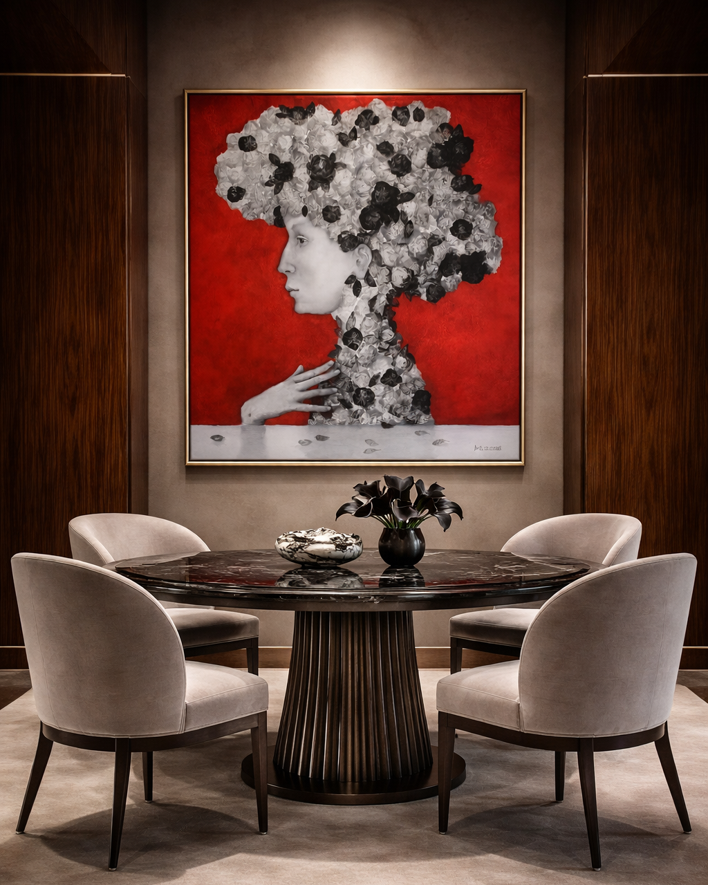 Dining room with a round table and chairs, featuring a decorative wall piece.