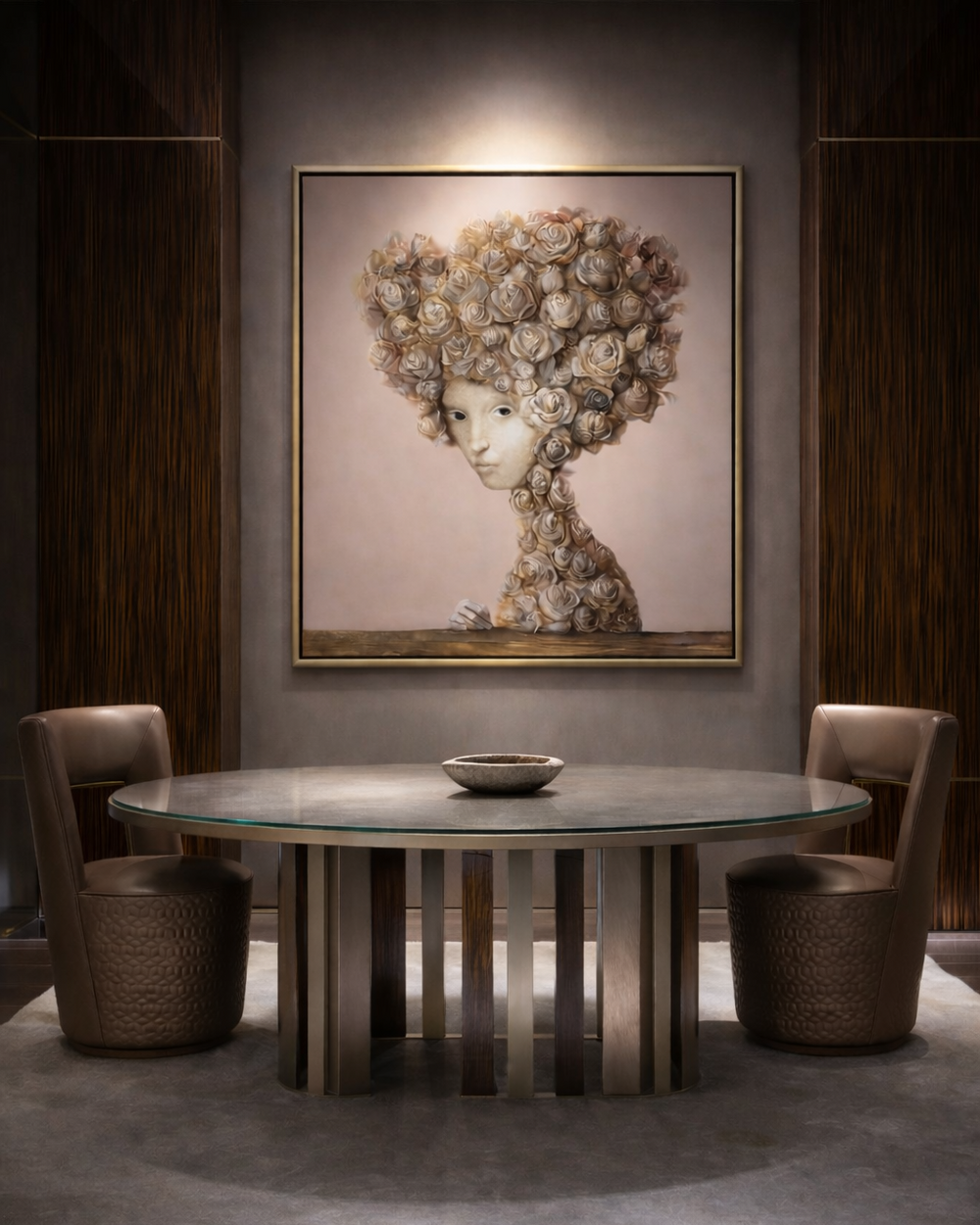 Dining room with round glass table and chairs, featuring a decorative wall art of a woman's face.